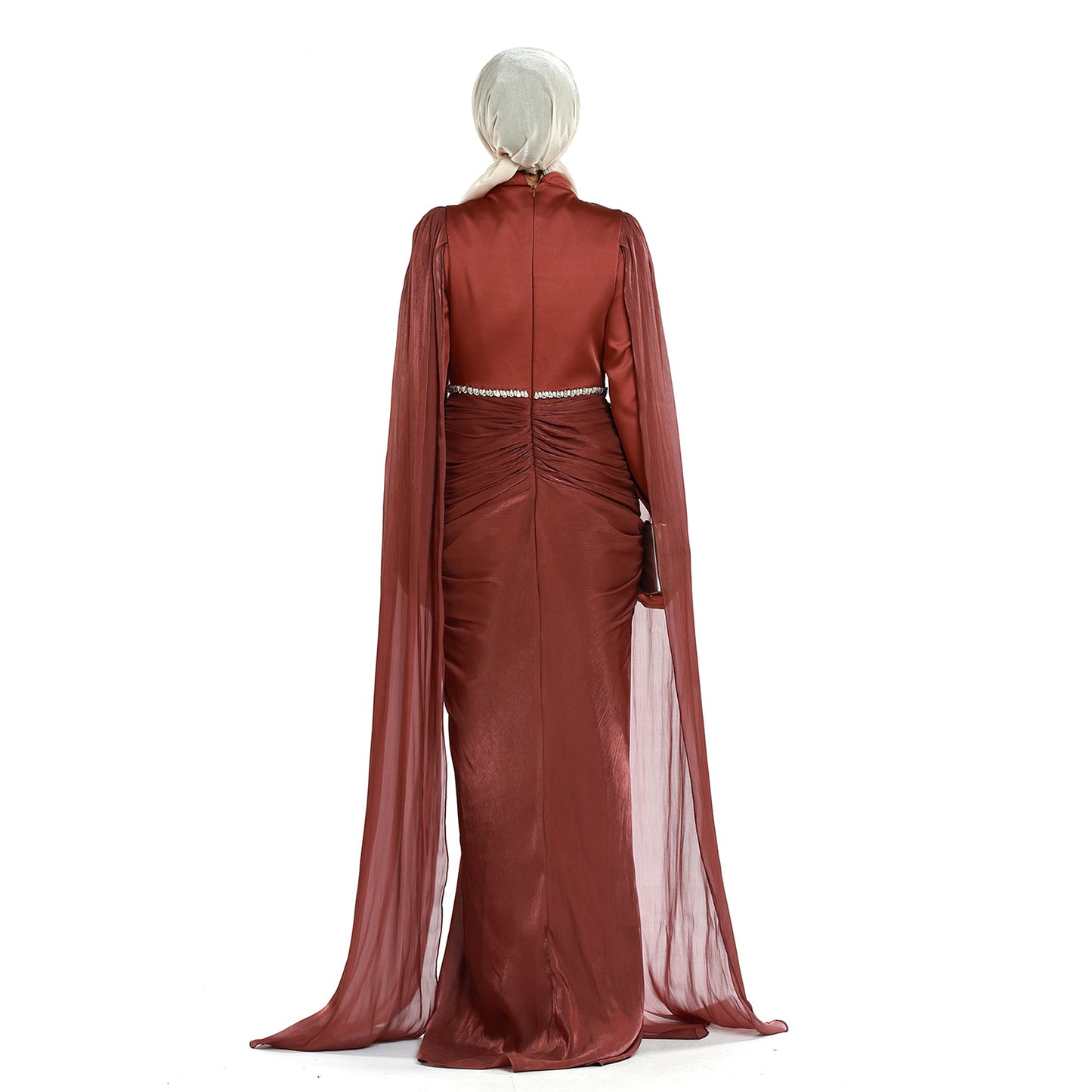 Embellished Waist Cape Sleeve Draped Satin Evening Dress