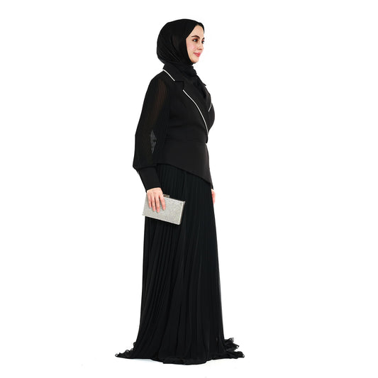 Blazer Style Pleated Maxi Dress With Rhinestone Trim