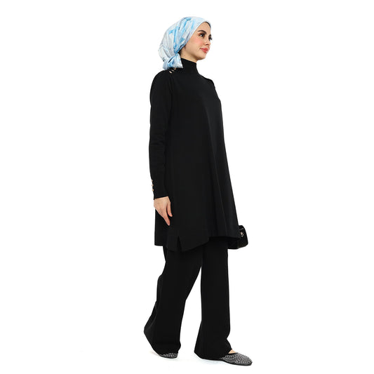 Turtleneck Knit Tunic With Gold Button Epaulette Detail