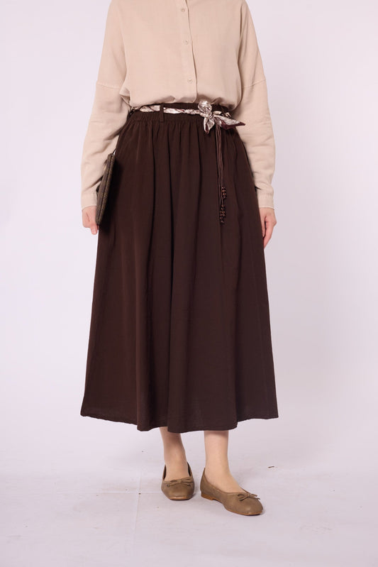 Flared Skirt with Gathered Detail and Scarf Belt