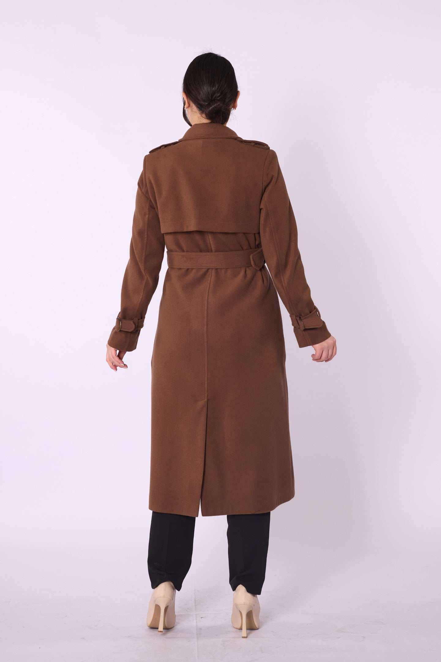 Polo Collar Double Breasted Belted Wool Coat With Lining