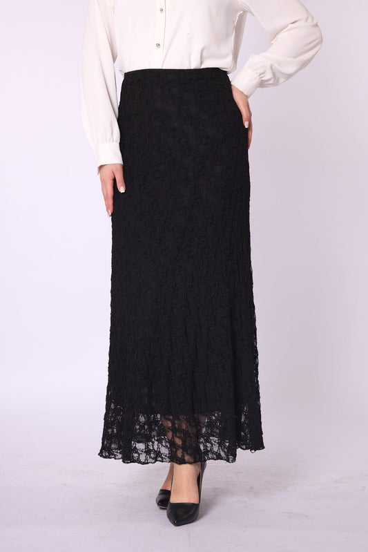 Elastic Waist Chiffon Skirt with Lace Detail