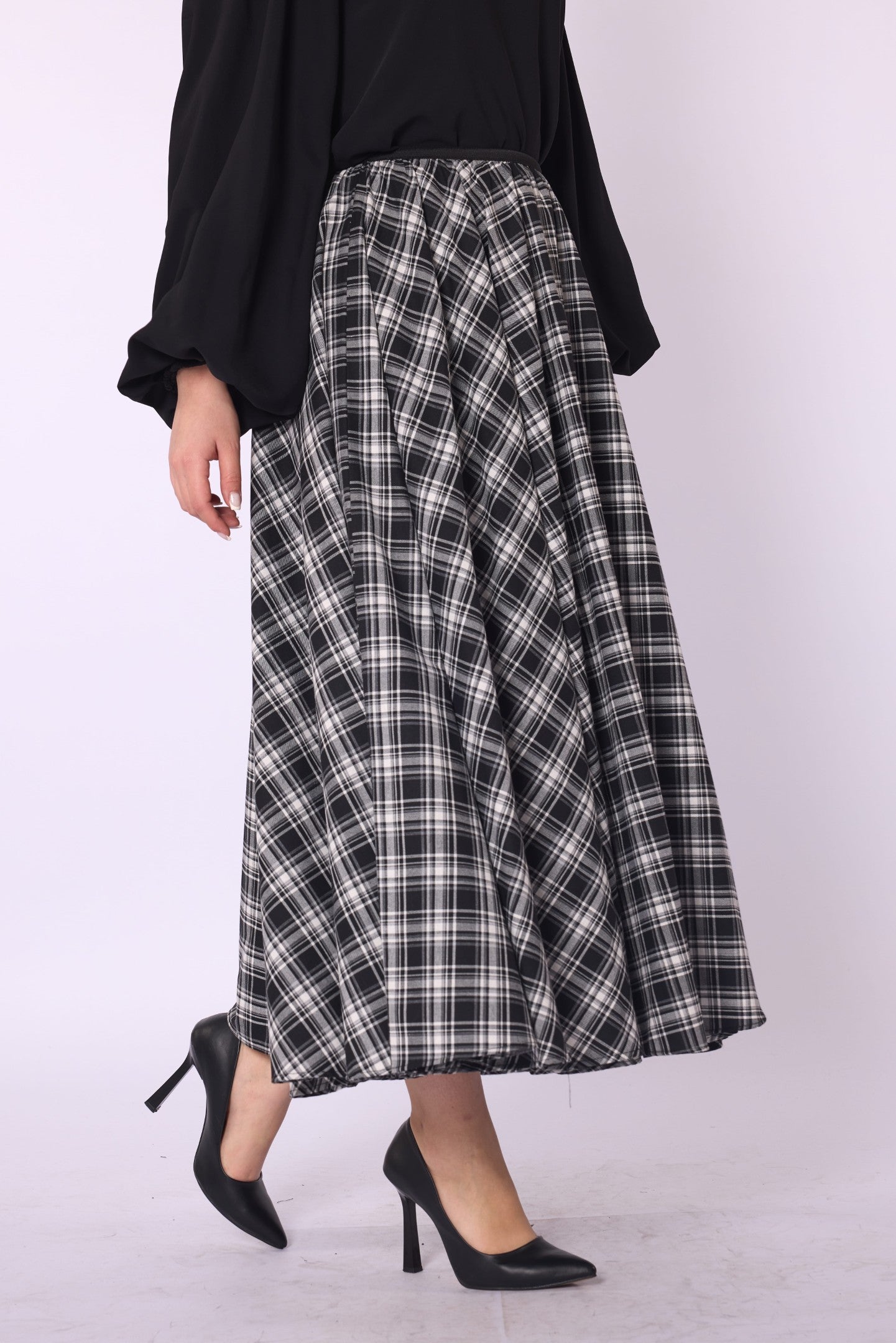 Plaid Print A-Line Midi Skirt with Elastic Waist