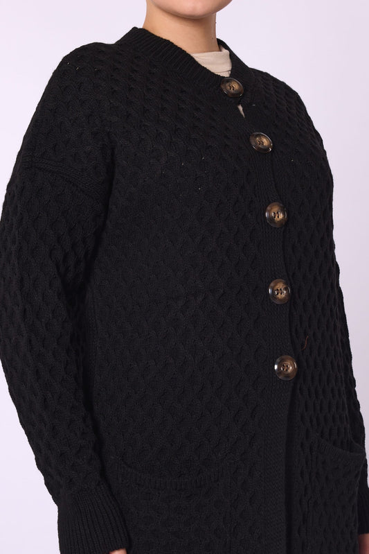 Buttoned Honeycomb Knit Long Cardigan
