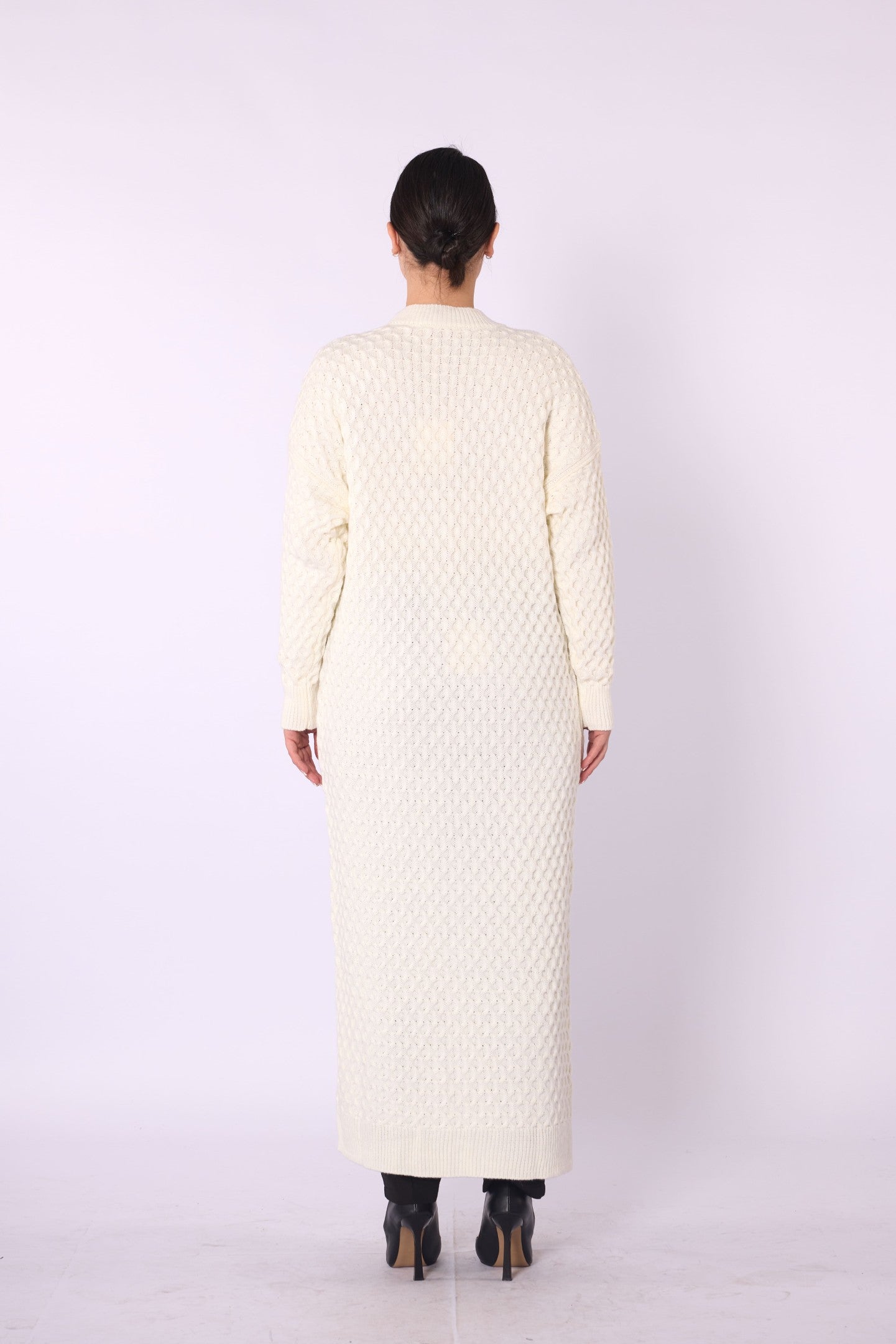 Buttoned Honeycomb Knit Long Cardigan