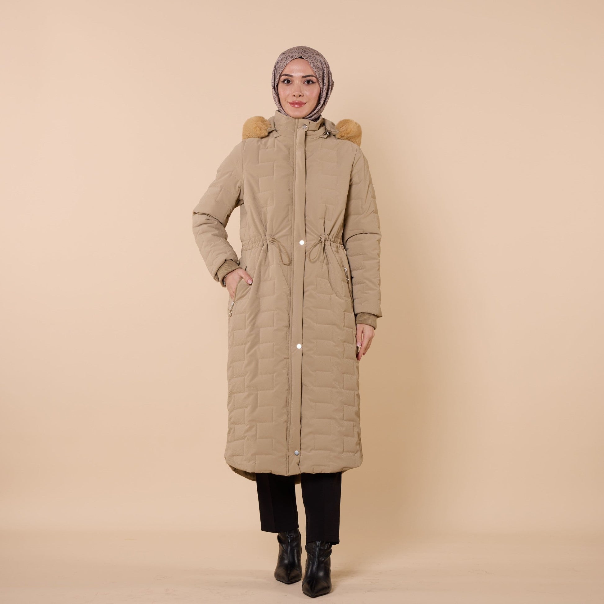 Quilted Coat With Fur Hood And Waist Tie Detail