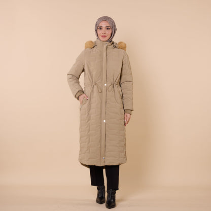 Quilted Coat With Fur Hood And Waist Tie Detail