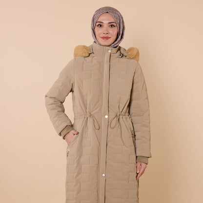 Quilted Coat With Fur Hood And Waist Tie Detail