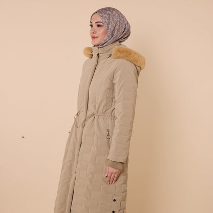 Quilted Coat With Fur Hood And Waist Tie Detail