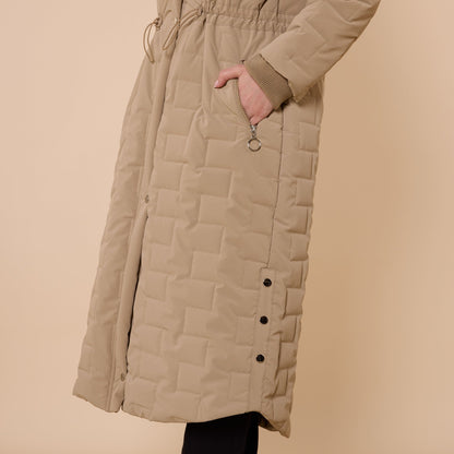 Quilted Coat With Fur Hood And Waist Tie Detail