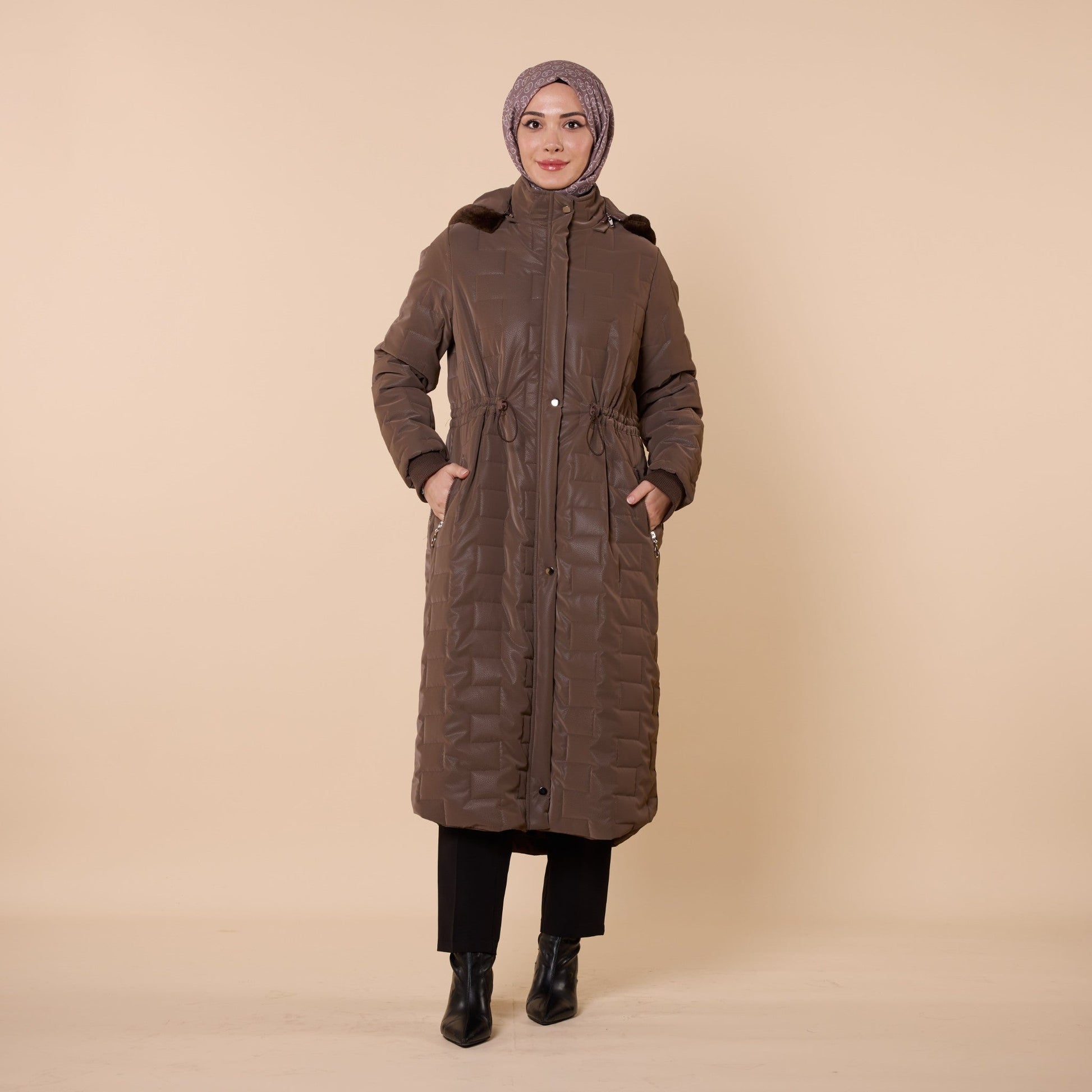 Quilted Coat With Fur Hood And Waist Tie Detail