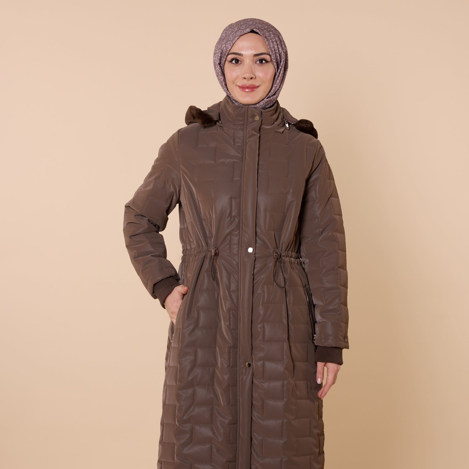 Quilted Coat With Fur Hood And Waist Tie Detail
