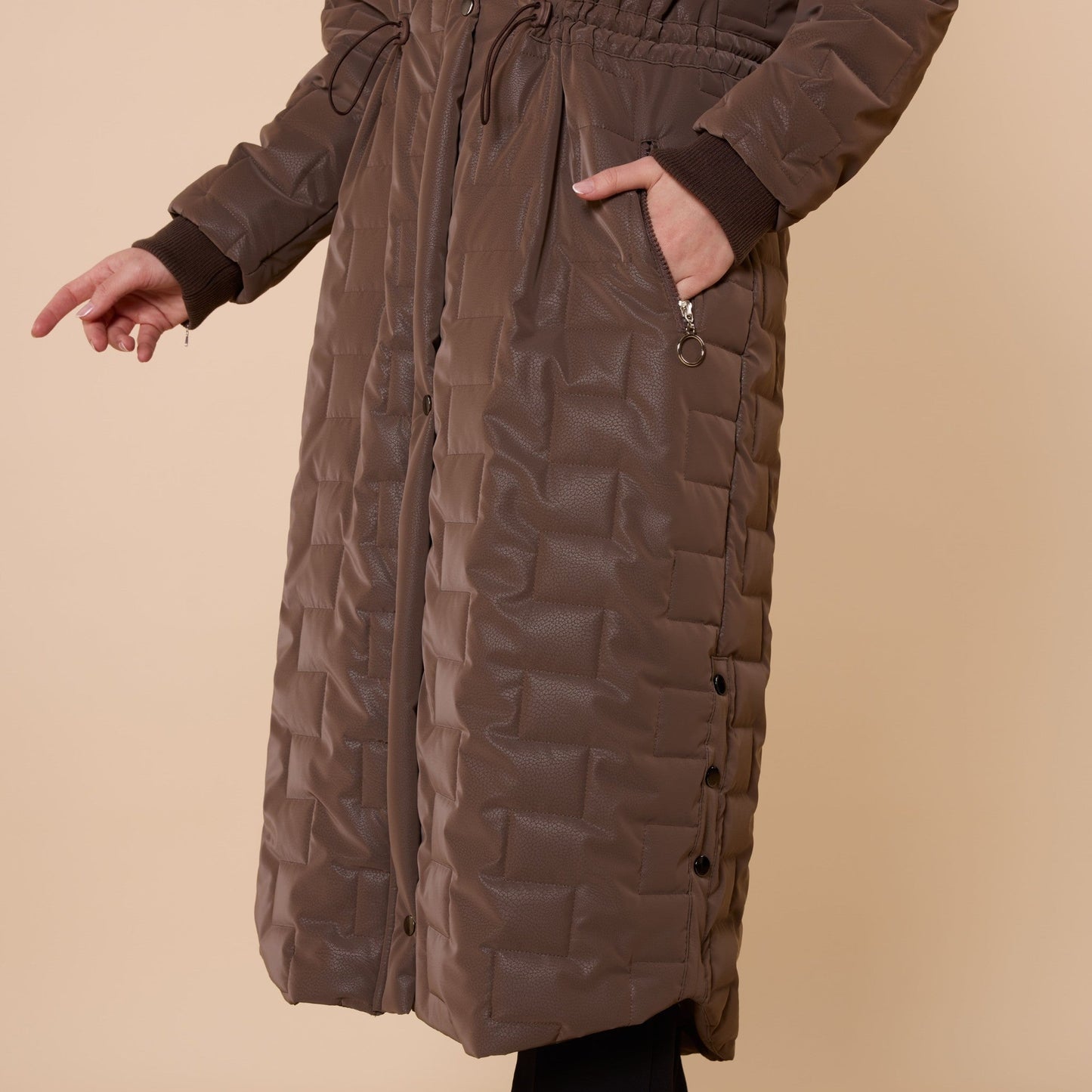 Quilted Coat With Fur Hood And Waist Tie Detail