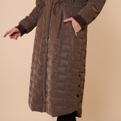 Quilted Coat With Fur Hood And Waist Tie Detail