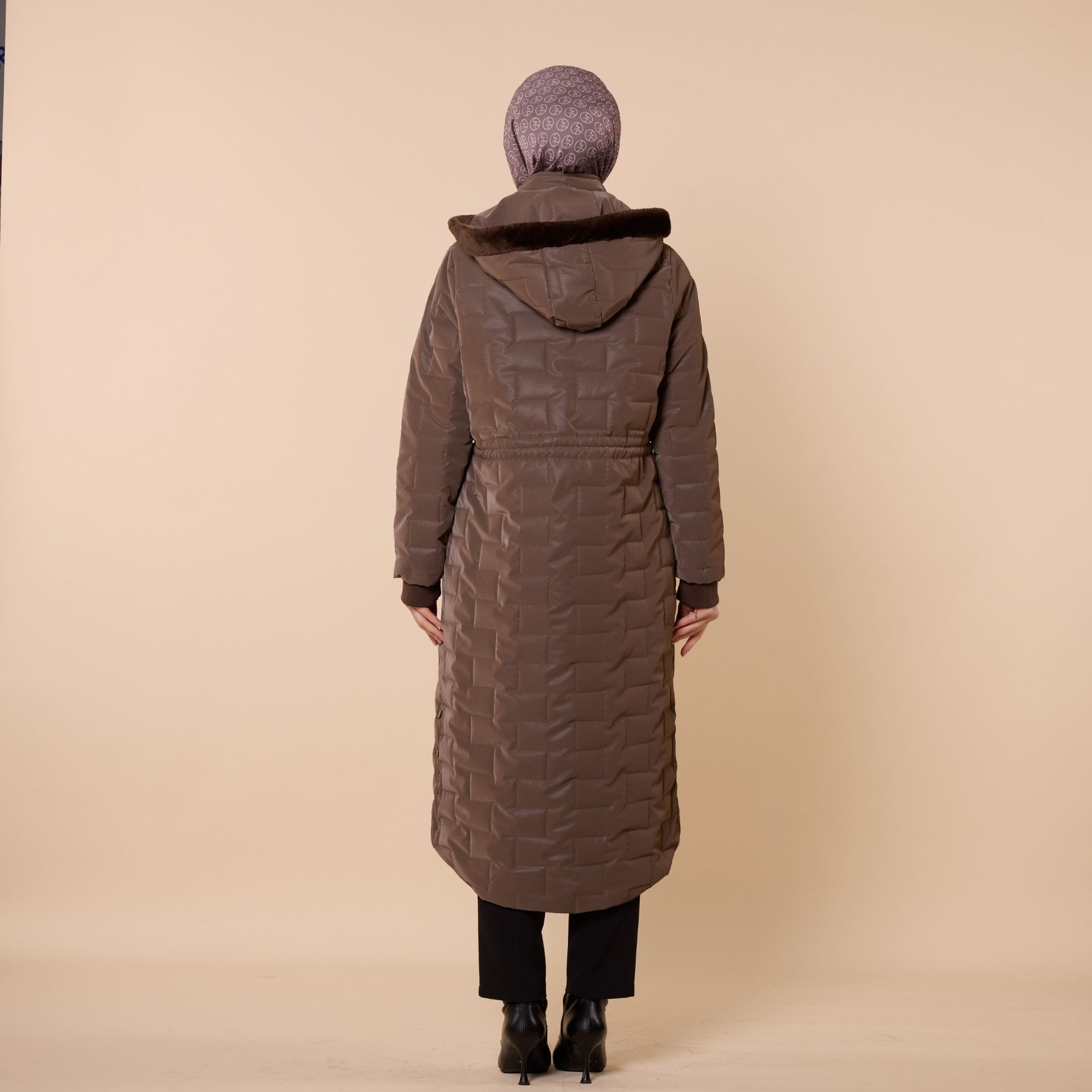 Quilted Coat With Fur Hood And Waist Tie Detail