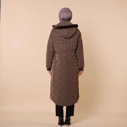 Quilted Coat With Fur Hood And Waist Tie Detail