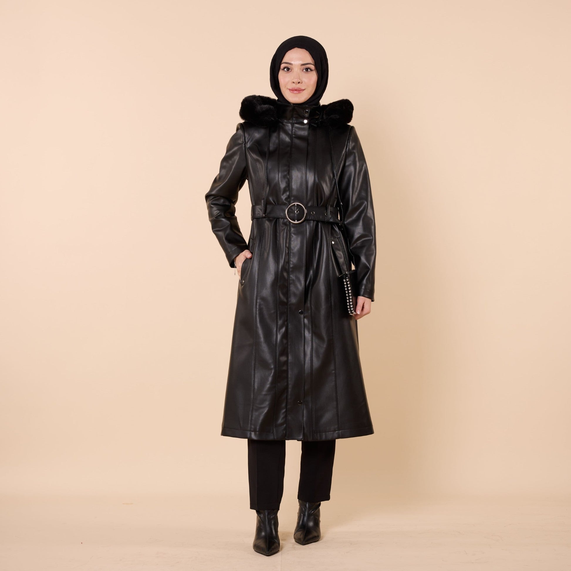 Leather Coat with Fur Hood and Belt Detail