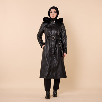 Leather Coat with Fur Hood and Belt Detail