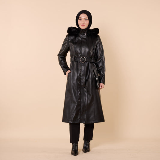 Leather Coat with Fur Hood and Belt Detail