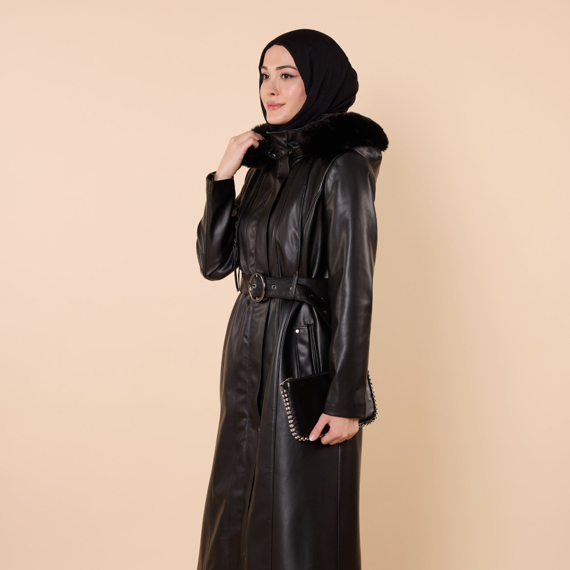 Leather Coat with Fur Hood and Belt Detail