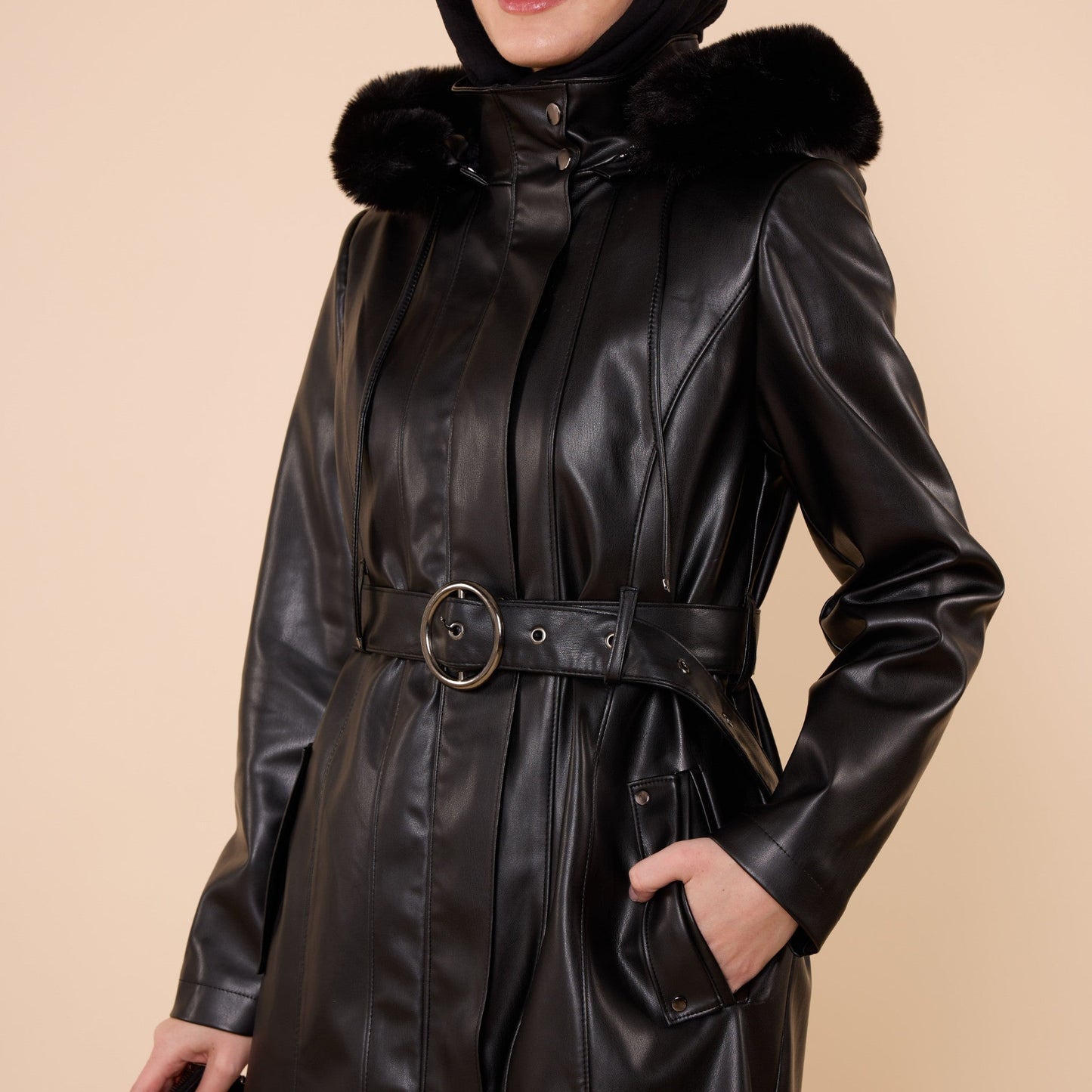 Leather Coat with Fur Hood and Belt Detail