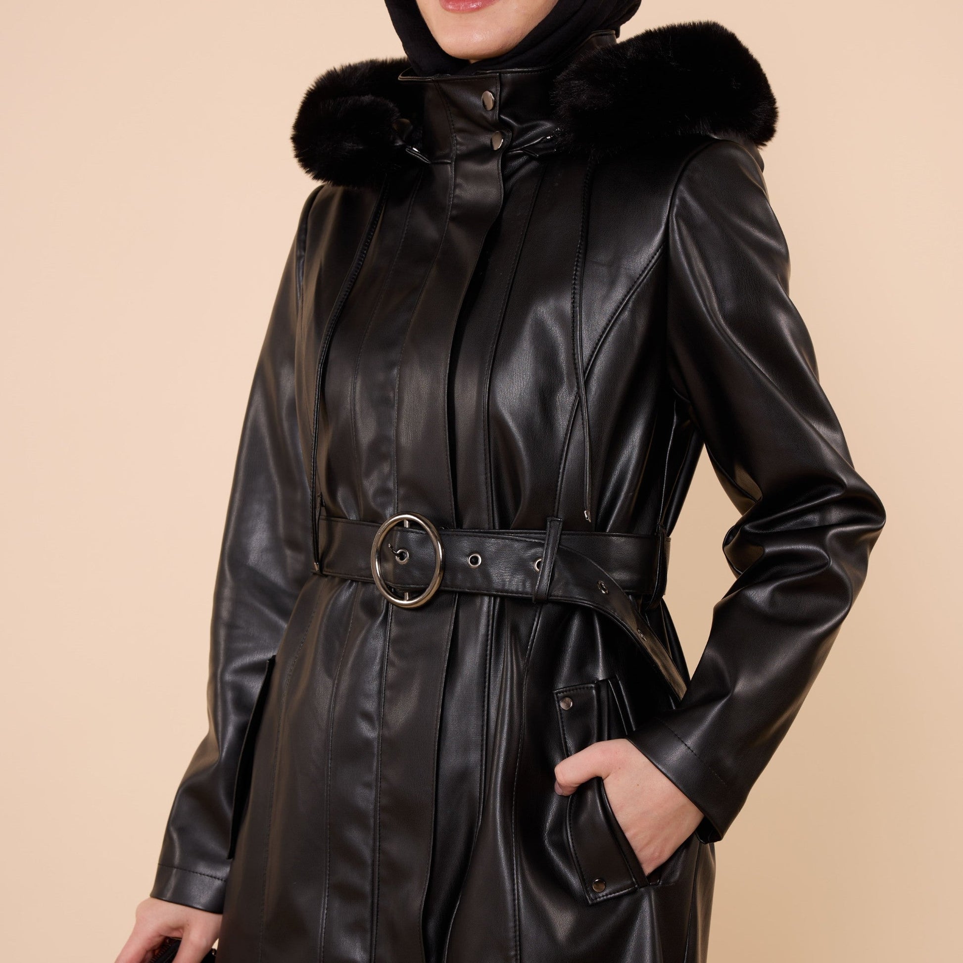 Leather Coat with Fur Hood and Belt Detail