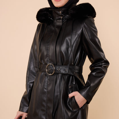Leather Coat with Fur Hood and Belt Detail