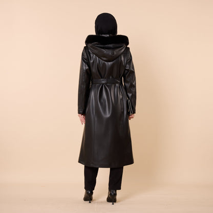 Leather Coat with Fur Hood and Belt Detail