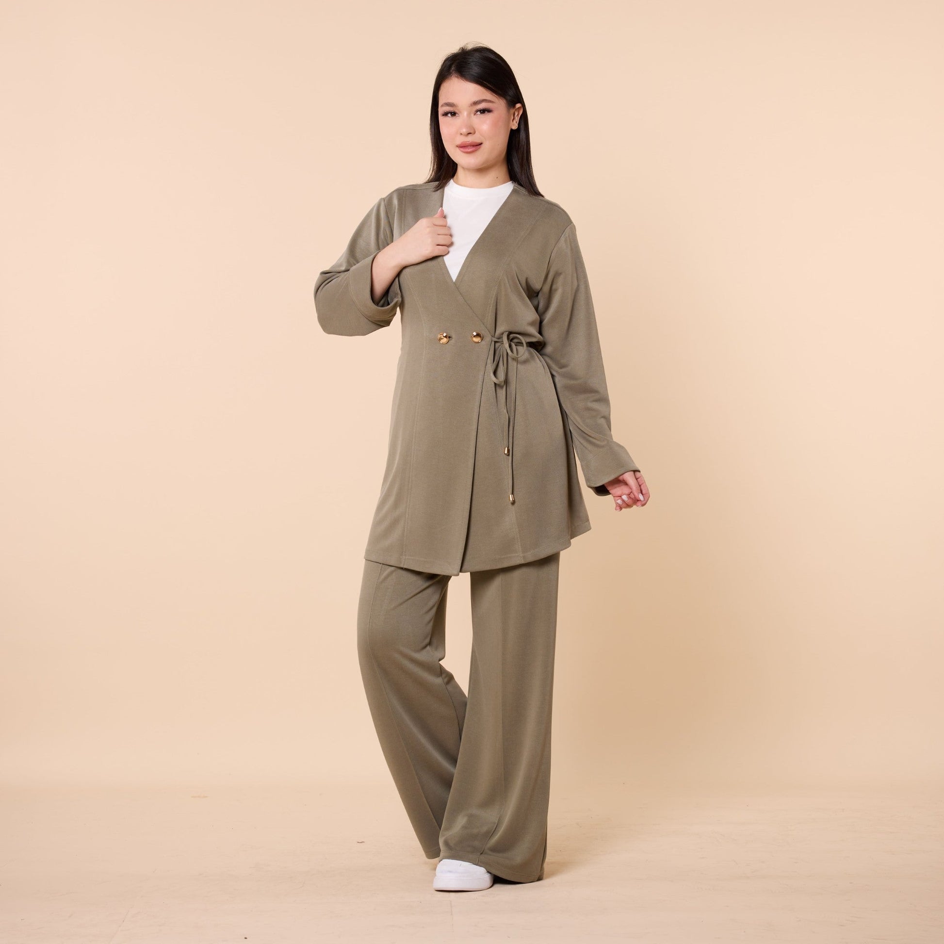 Wrap Look Three Piece Set With Waist Tie