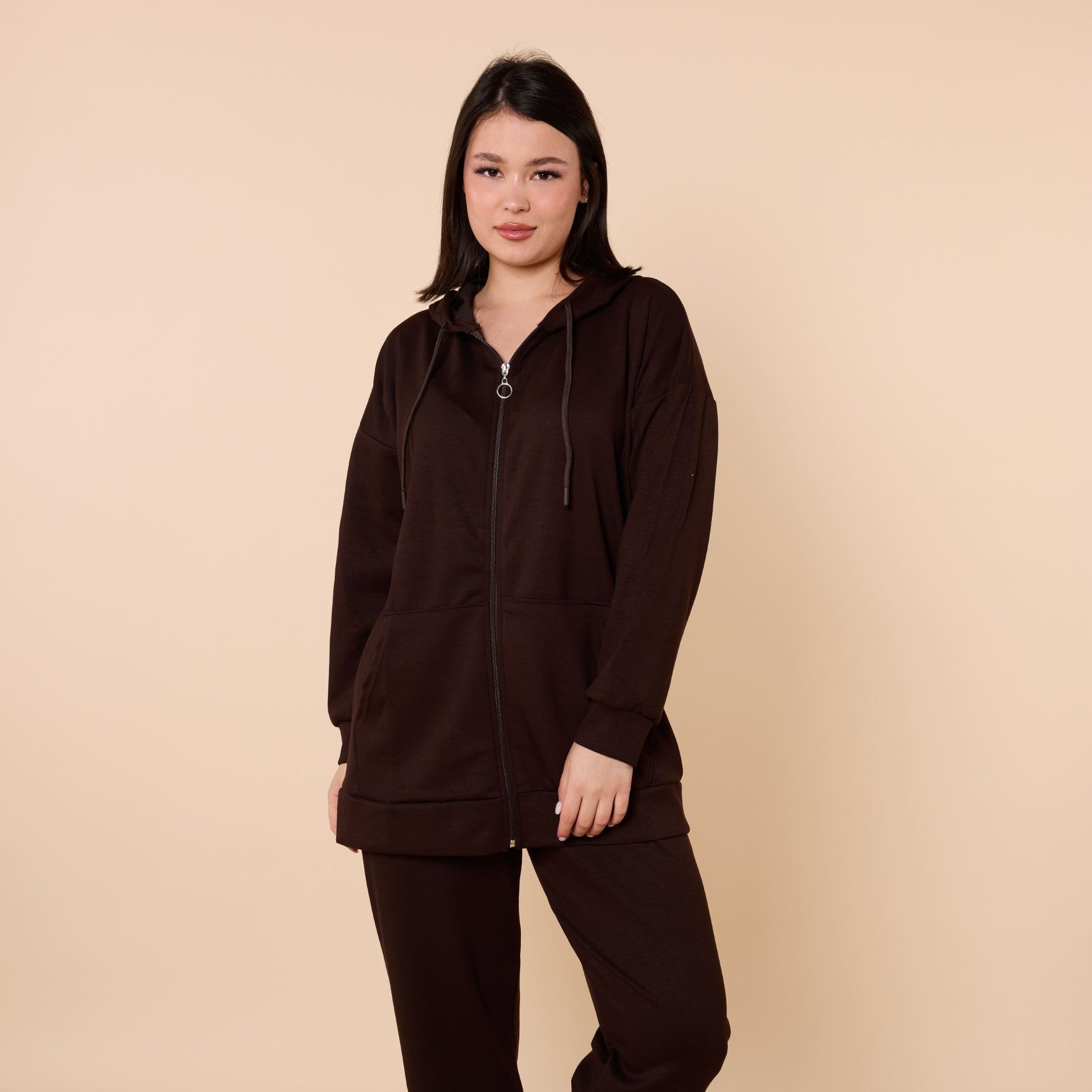 Zip Front Hooded Top And Pants Two Piece Set