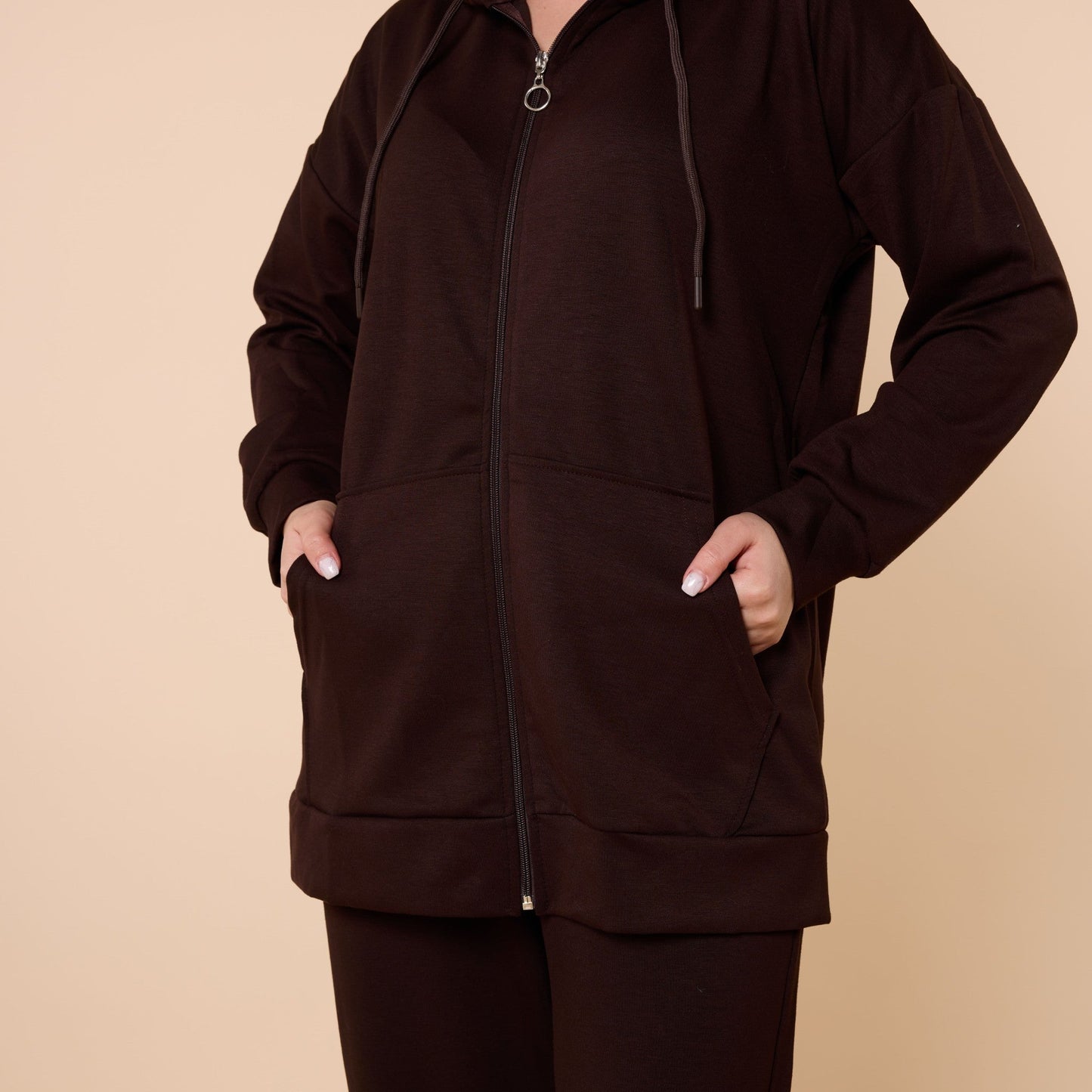 Zip Front Hooded Top And Pants Two Piece Set