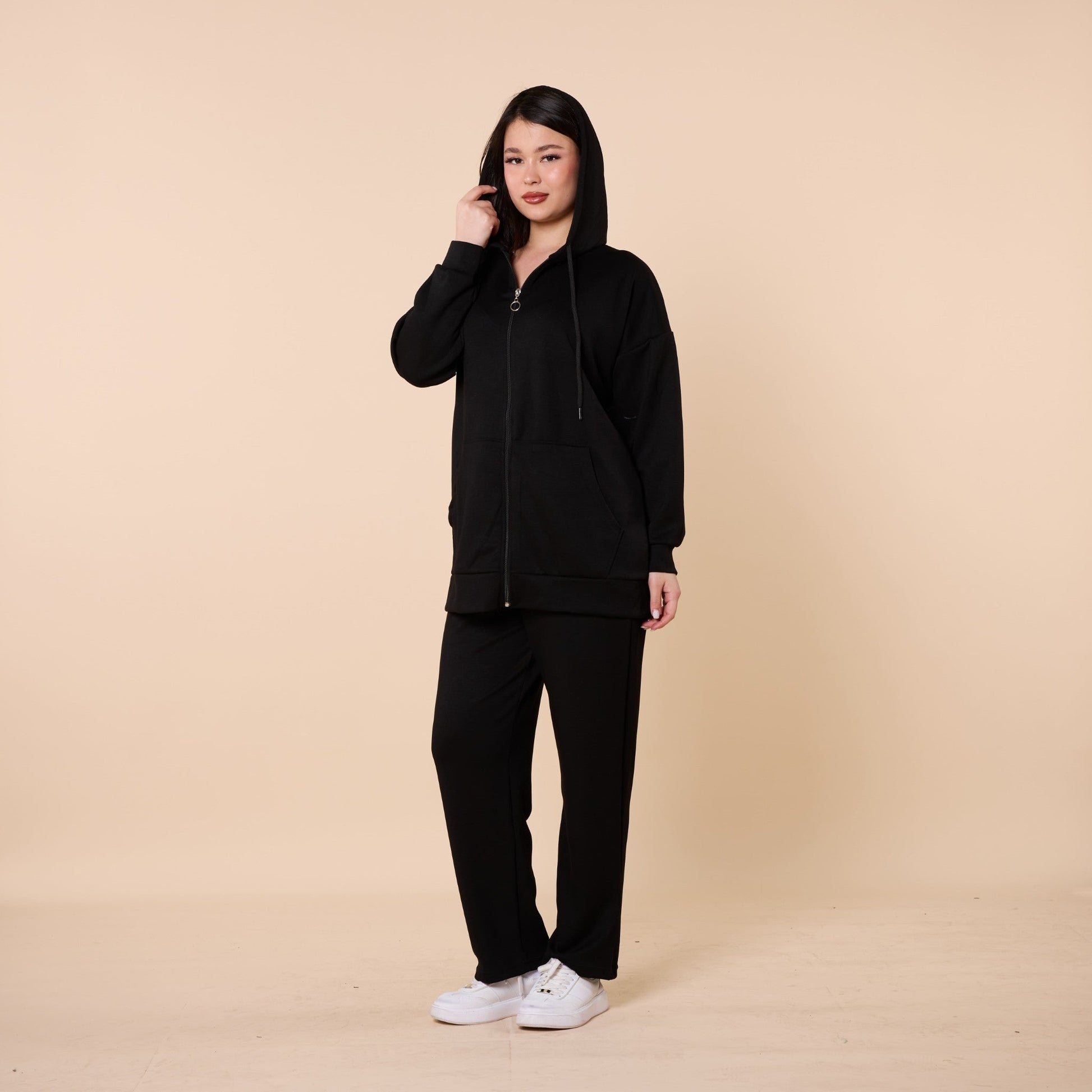 Zip Front Hooded Top And Pants Two Piece Set