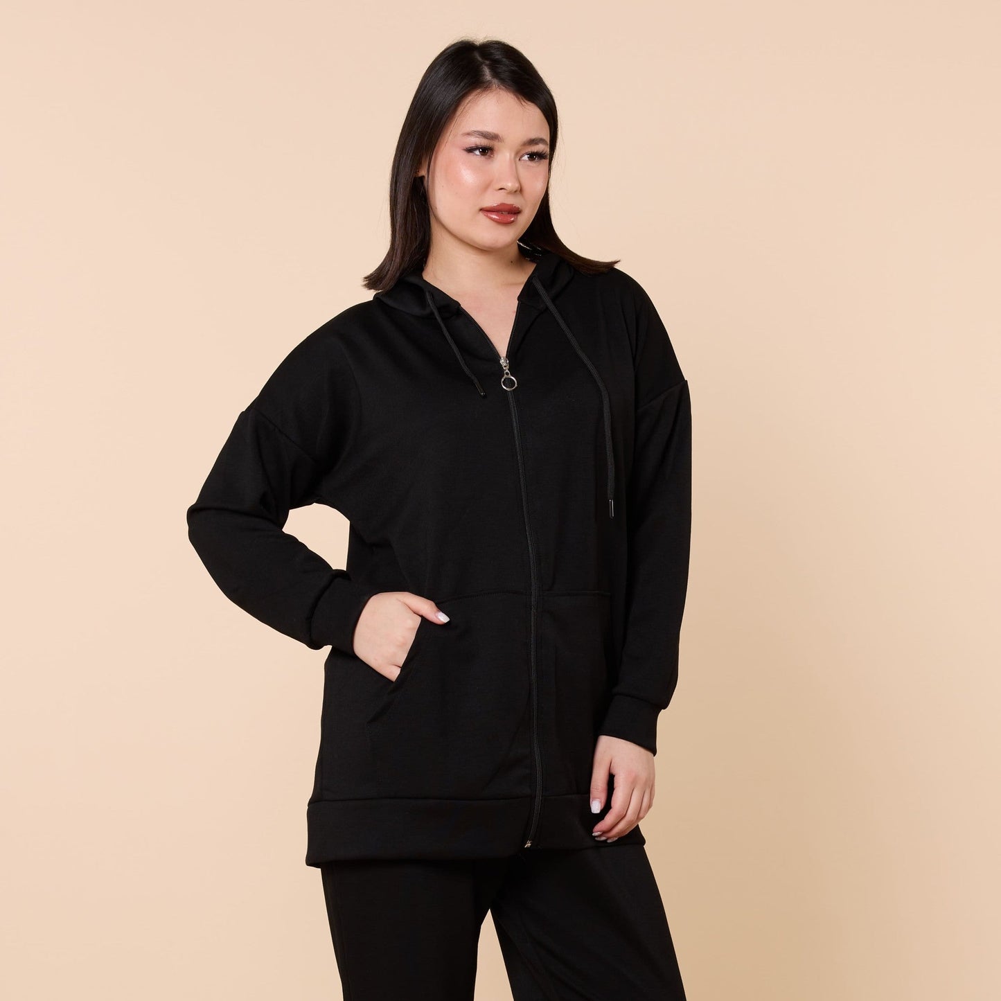 Zip Front Hooded Top And Pants Two Piece Set