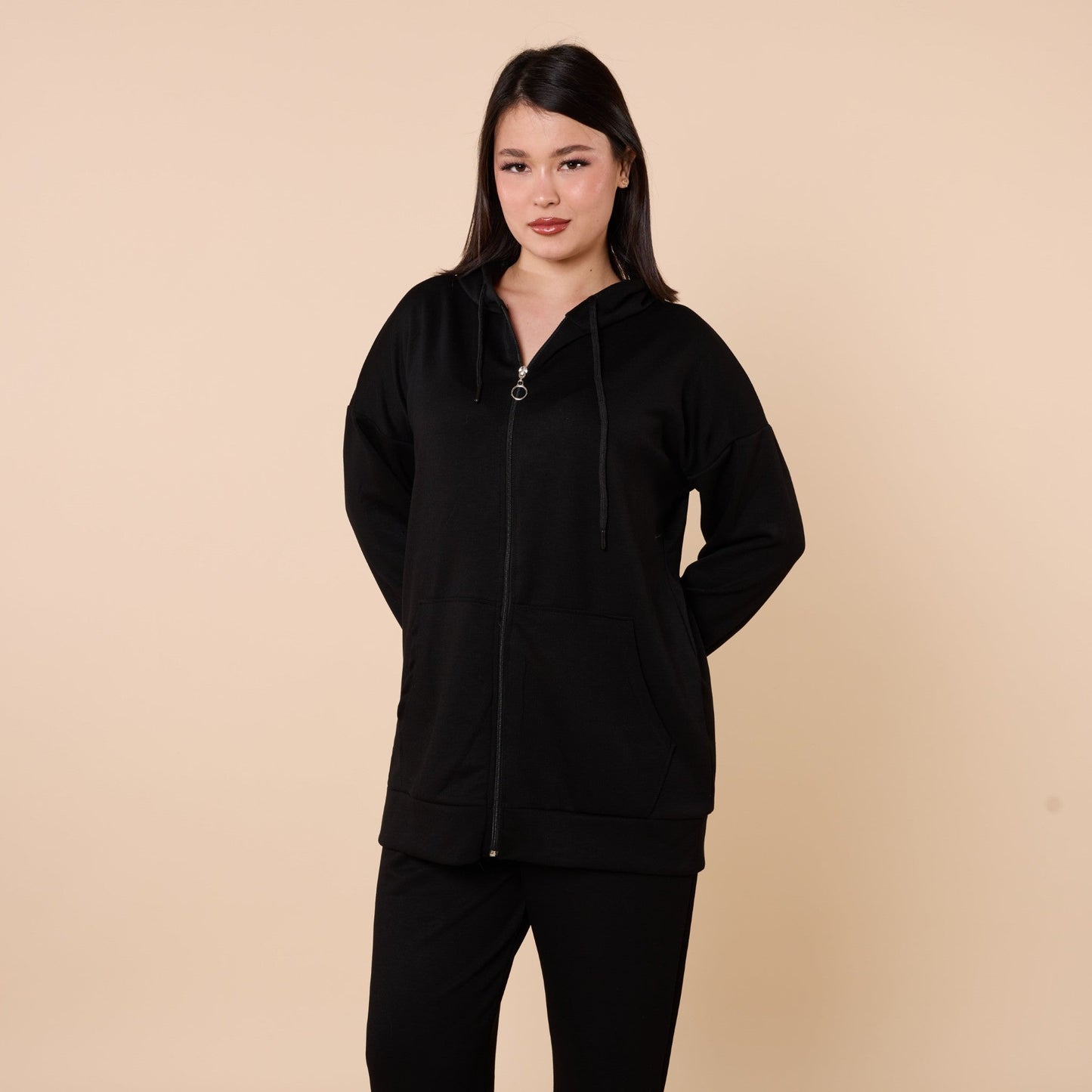 Zip Front Hooded Top And Pants Two Piece Set