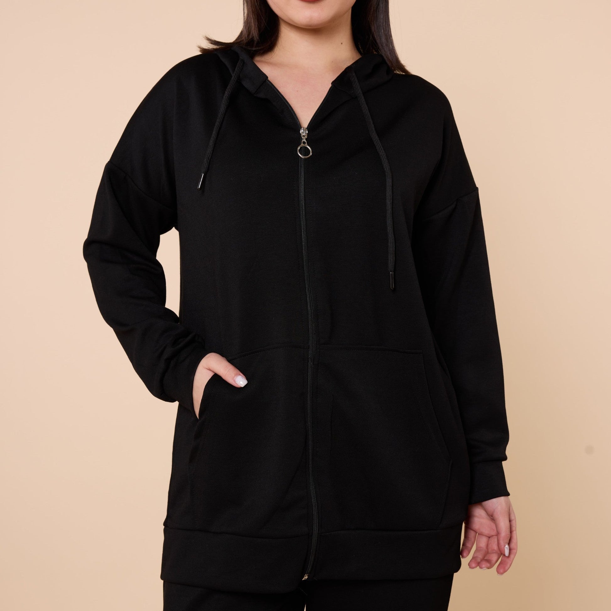 Zip Front Hooded Top And Pants Two Piece Set