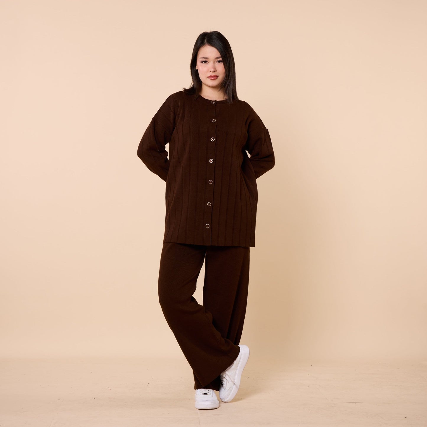 Striped Detail Buttoned Knit Two Piece Set
