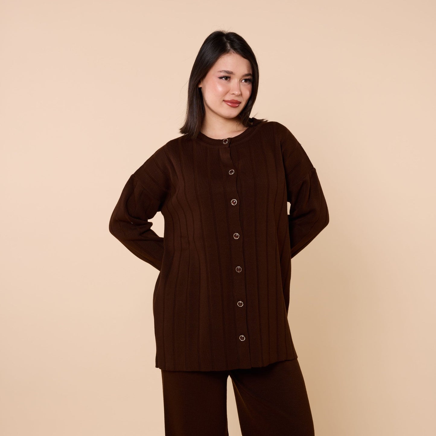 Striped Detail Buttoned Knit Two Piece Set