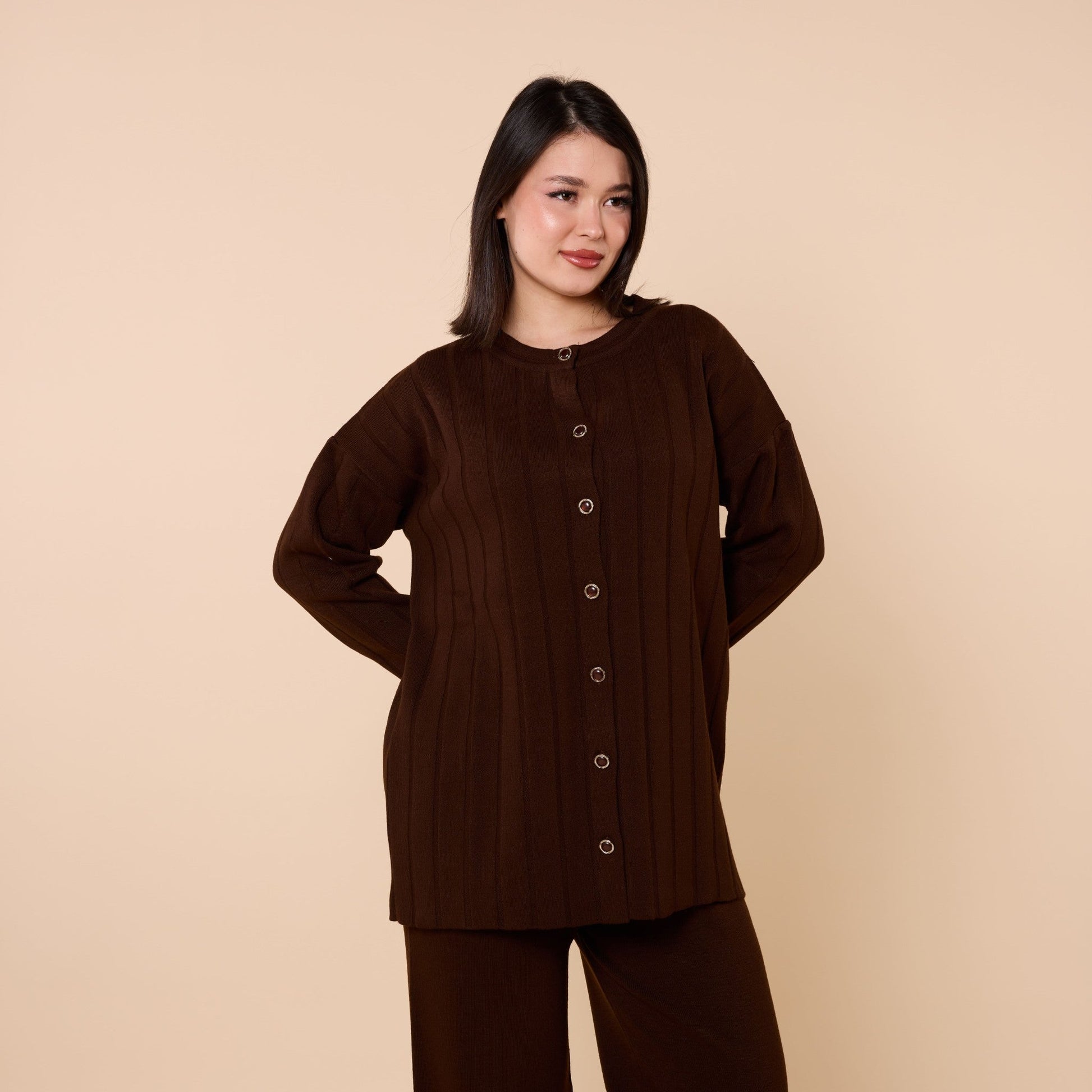 Striped Detail Buttoned Knit Two Piece Set