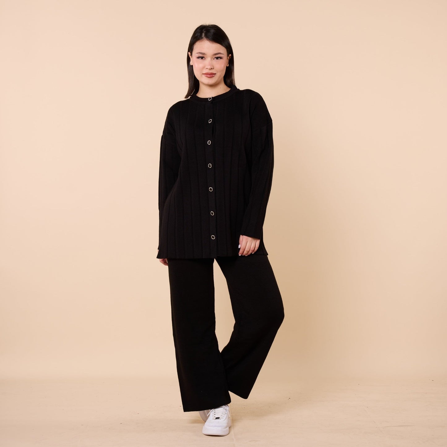 Striped Detail Buttoned Knit Two Piece Set