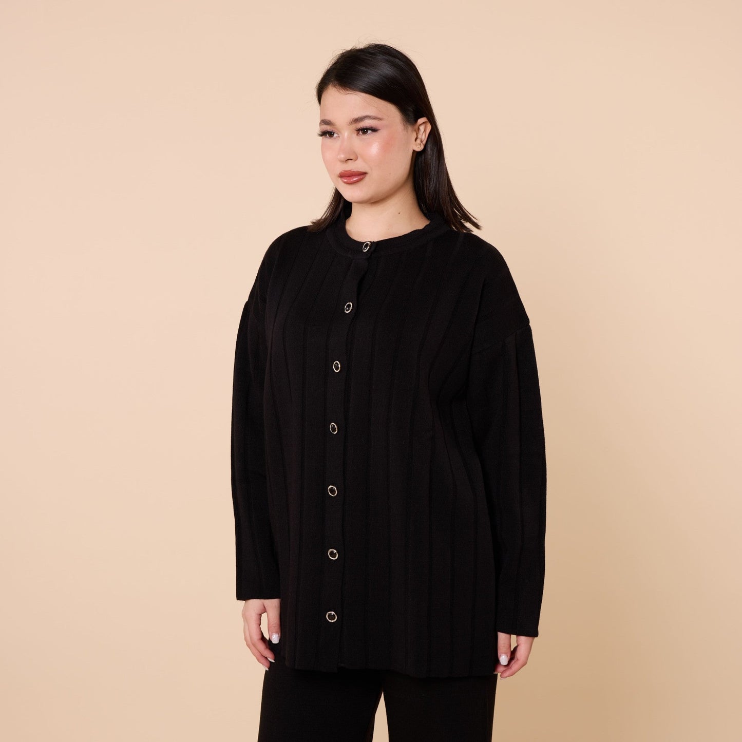 Striped Detail Buttoned Knit Two Piece Set