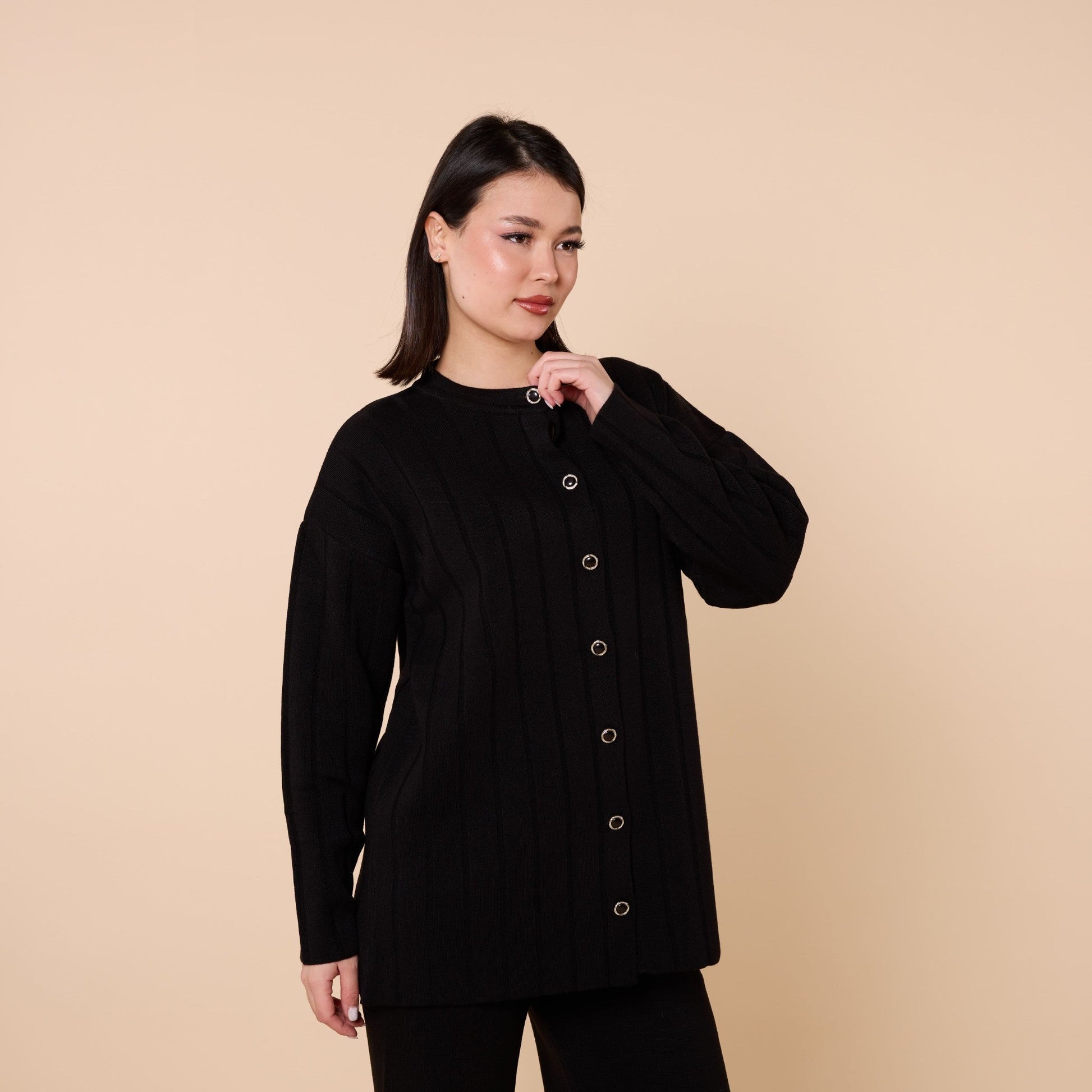 Striped Detail Buttoned Knit Two Piece Set