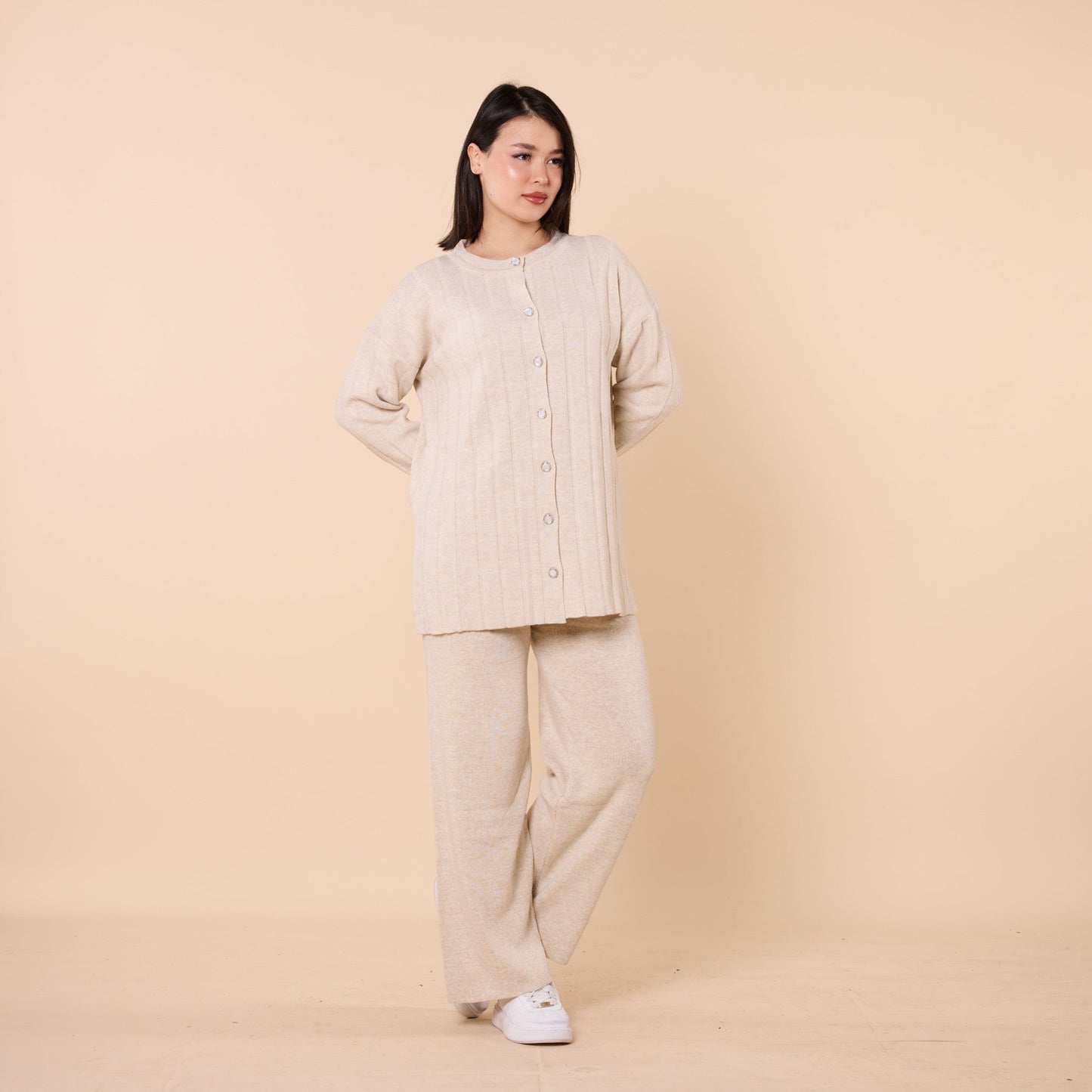 Striped Detail Buttoned Knit Two Piece Set