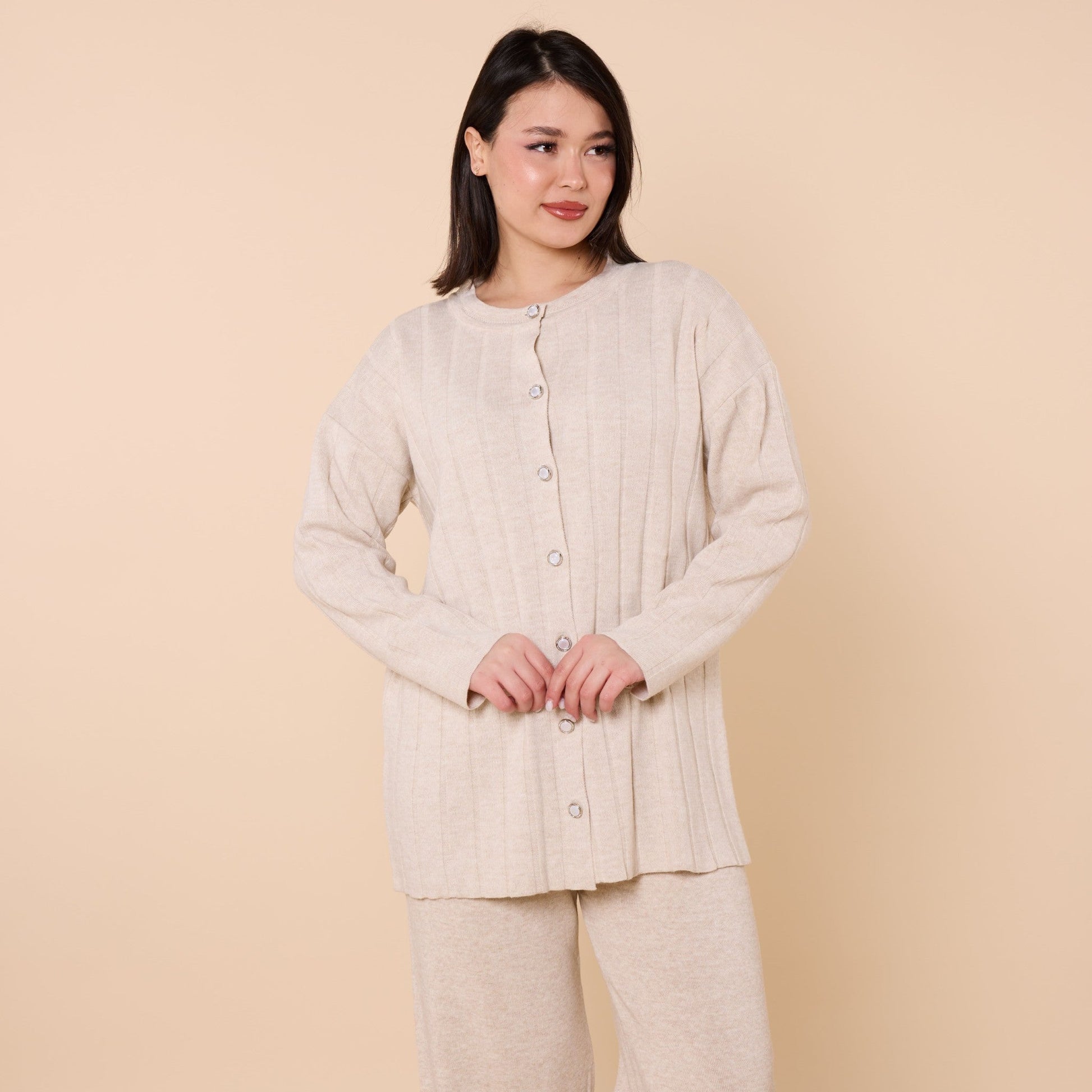 Striped Detail Buttoned Knit Two Piece Set