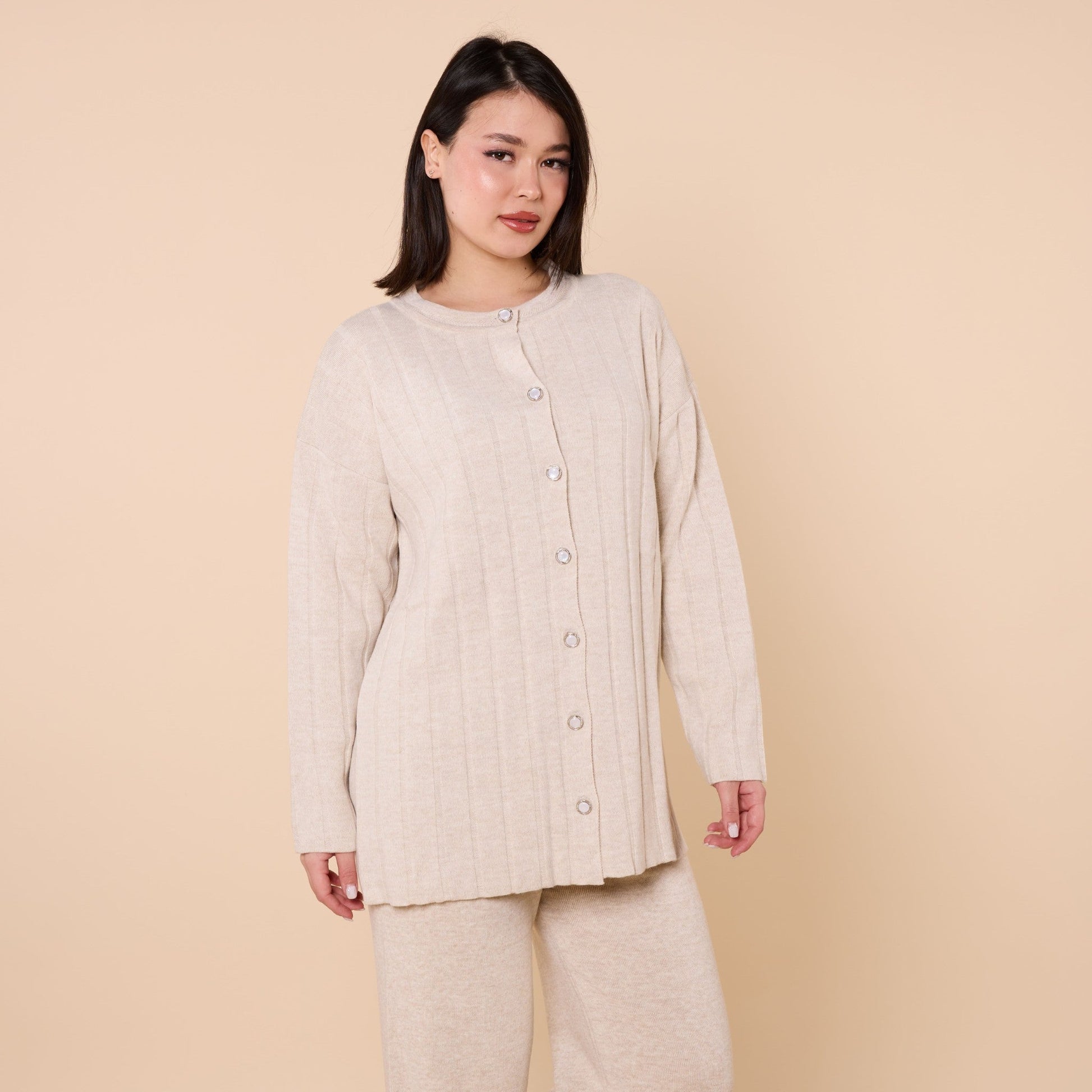 Striped Detail Buttoned Knit Two Piece Set