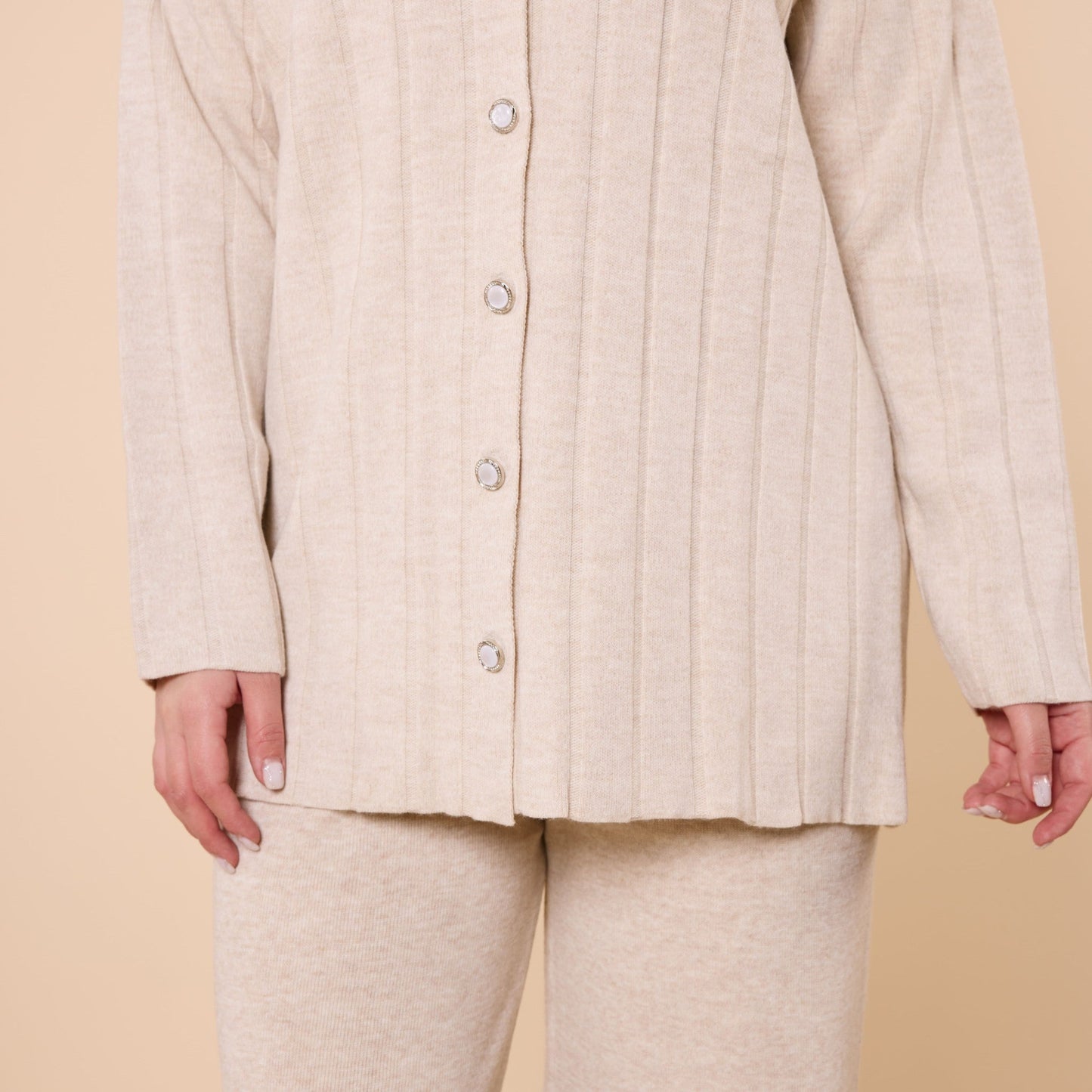 Striped Detail Buttoned Knit Two Piece Set