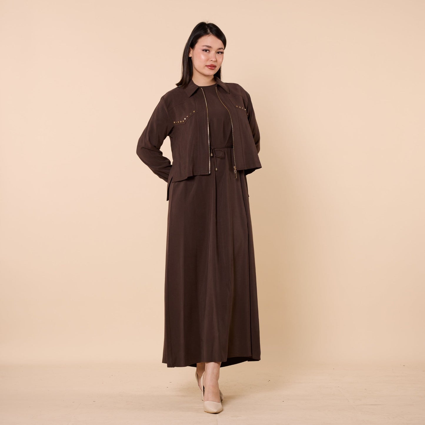 Polo Collar Jacket Style Long Dress With Waist Tie