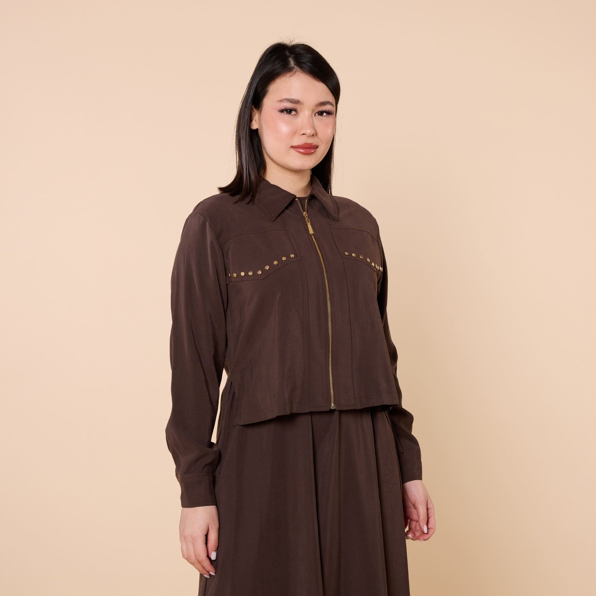 Polo Collar Jacket Style Long Dress With Waist Tie