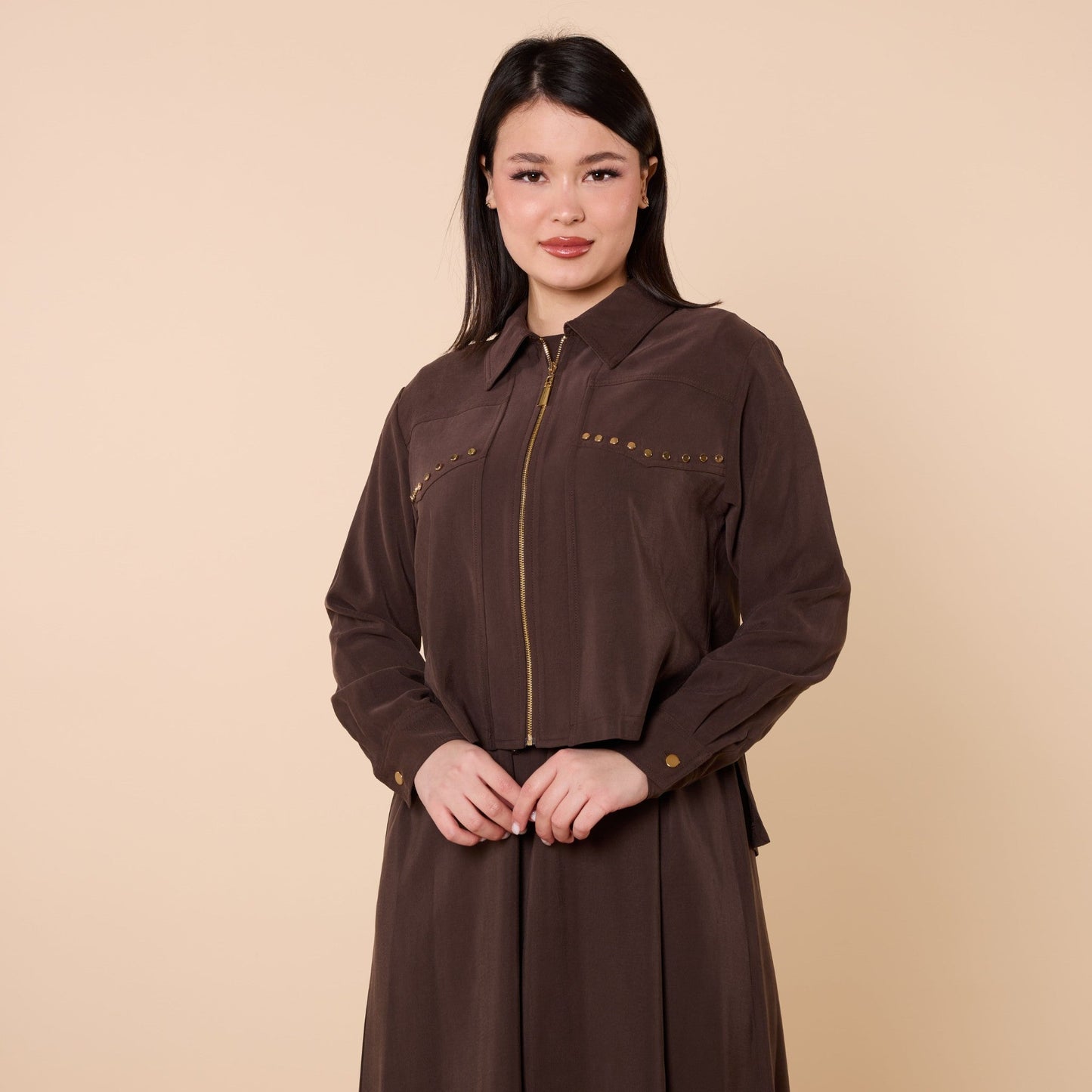 Polo Collar Jacket Style Long Dress With Waist Tie