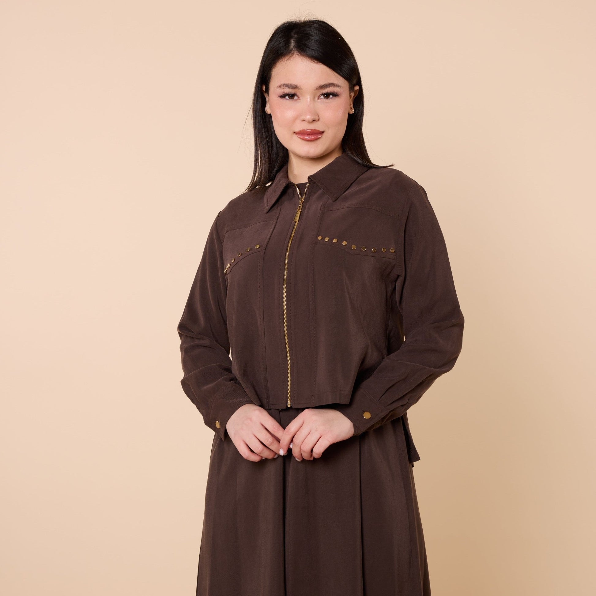 Polo Collar Jacket Style Long Dress With Waist Tie