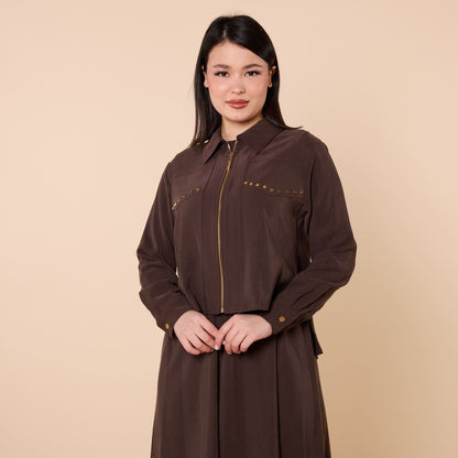 Polo Collar Jacket Style Long Dress With Waist Tie